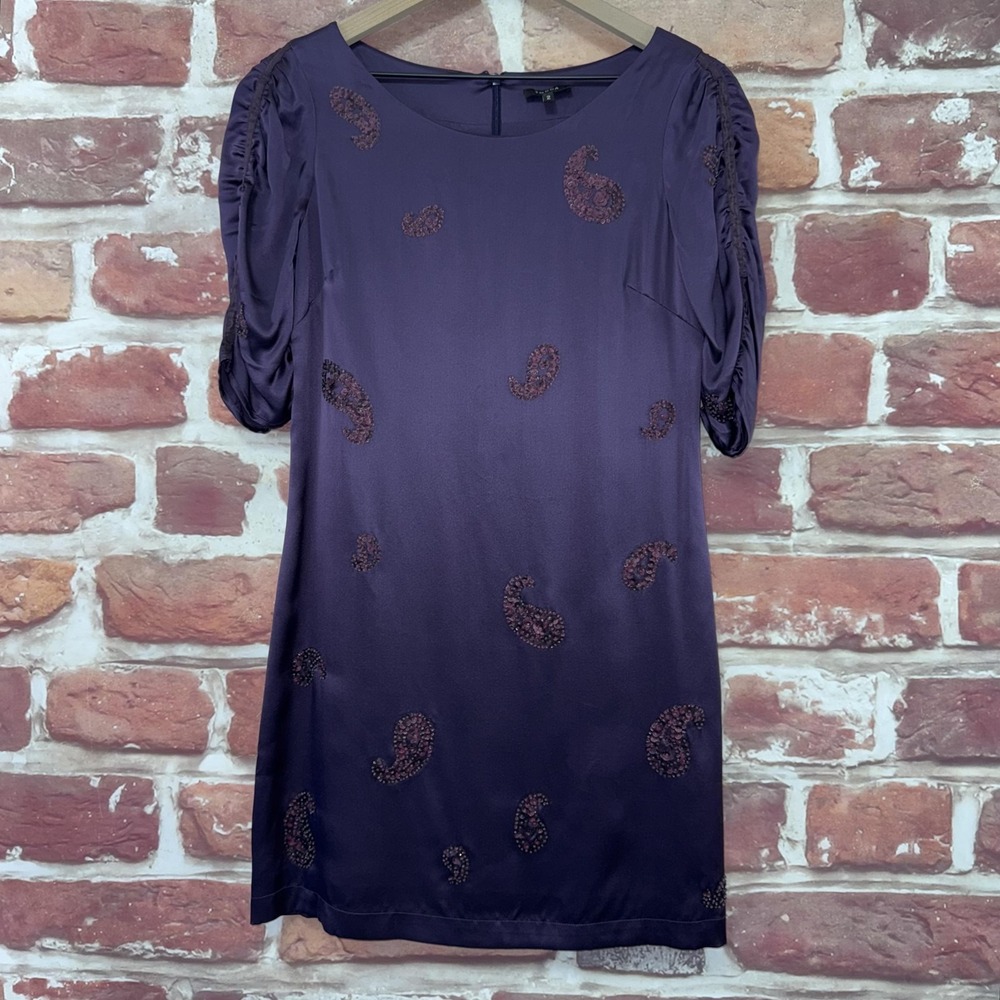 TOCCA Dress Women's 2 Purple Silk Boho Paisley Beaded Evening Event Night Wear